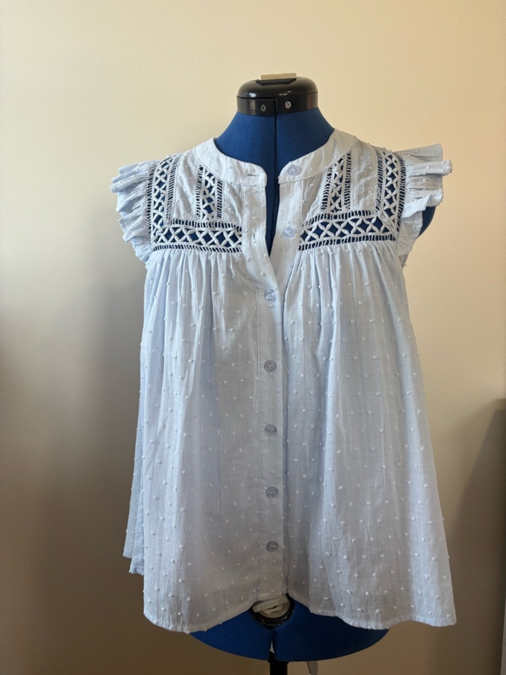 Aqua Light Blue Swiss Dot Lace Yoke Button-Down Blouse
